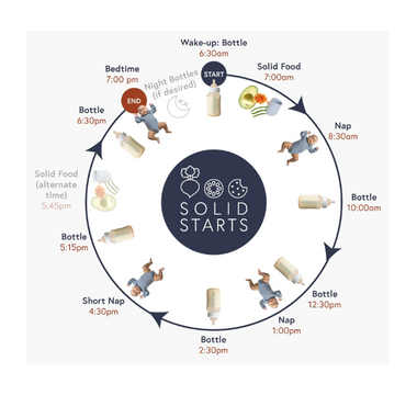 Solid Starts baby feeding schedule with bottles, naps, and solid food times