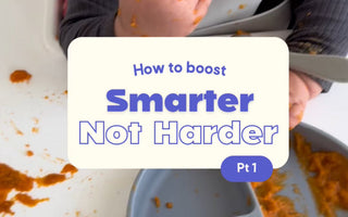 Baby eating messy meal with food catcher bib and tray, mess-free mealtime solution